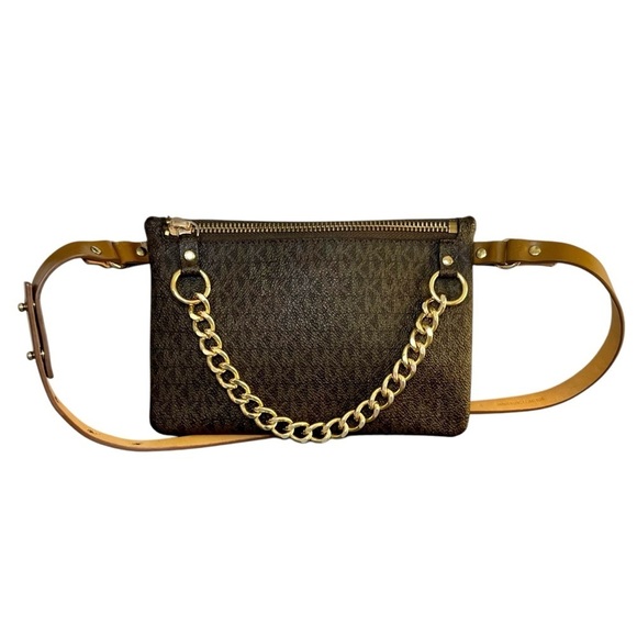 Michael Kors Monogram Signature Brown Belt Bag with Gold Chain Accent - Picture 4 of 9